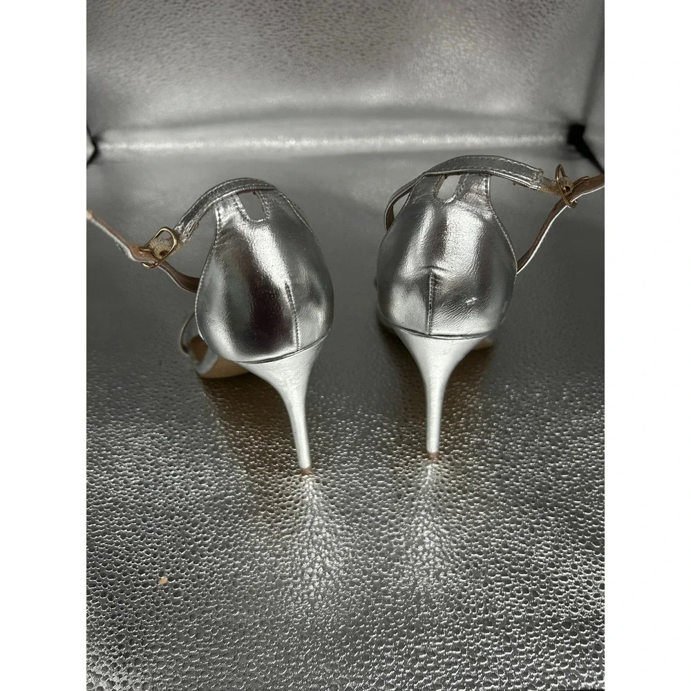 Anne‎ Michelle Silver Metallic Ankle Strap Stiletto Heels Square Toe Size 8.5